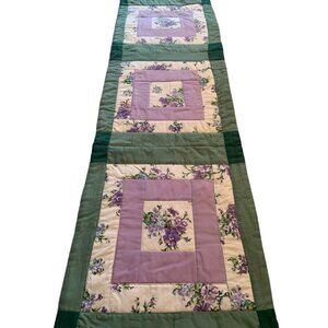 Handmade Quilted Runner Green Purple Floral 12" x 37" Cottagecore Pretty Decor